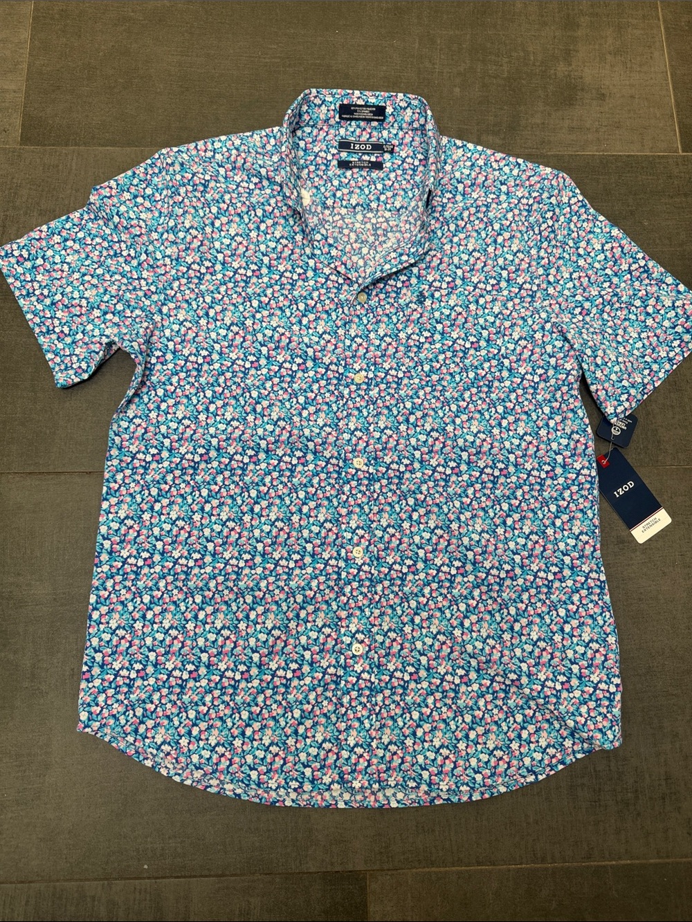 Izod Boys Blue Floral Short Sleeve Button-Down Shirt with Pink Accents